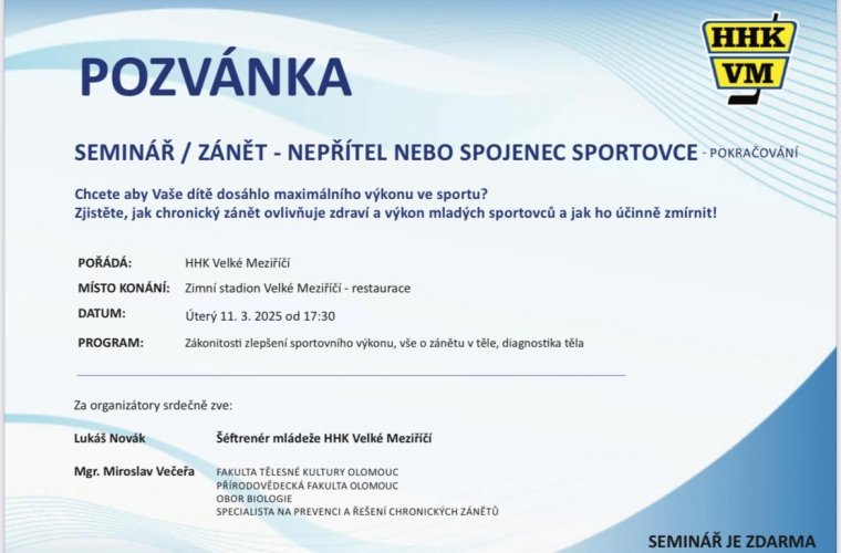 Pozvánka na seminář - zánět - nepřítel nebo spojenec sportovce